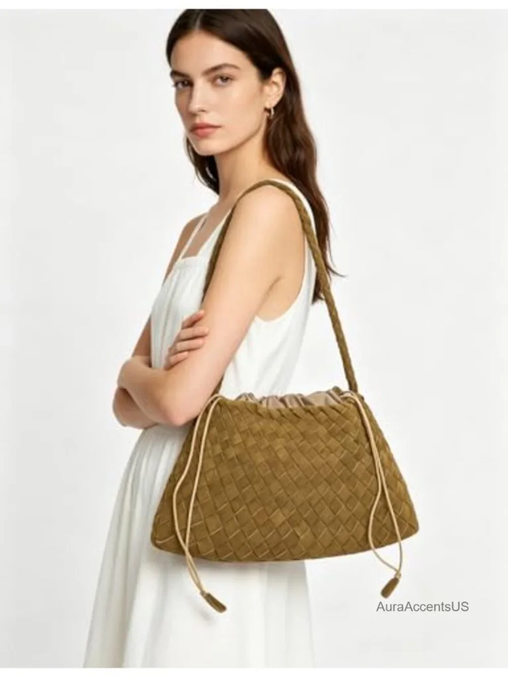 Woven Suede Shoulder Bag Slouchy Hobo Tote Handbag